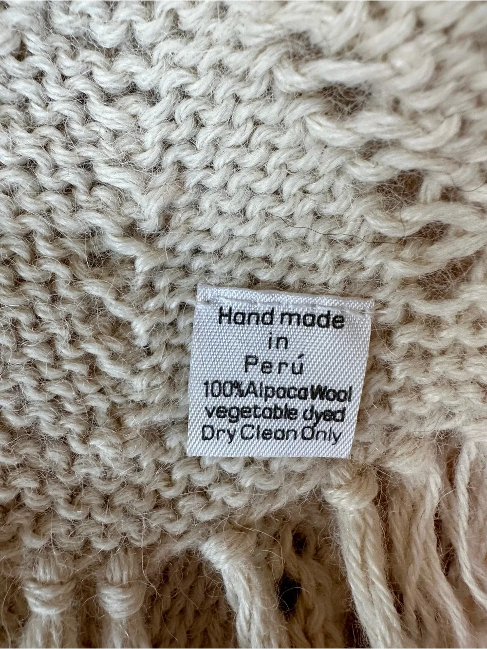 Handmade Peru 100% Alpaca Wool Cream Knit Fringe Scarf